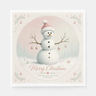 Soft Pastel Pink Snowman Winter Forest Napkins
