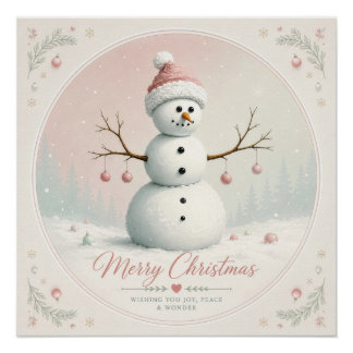 Soft Pastel Pink Snowman Winter Forest Poster