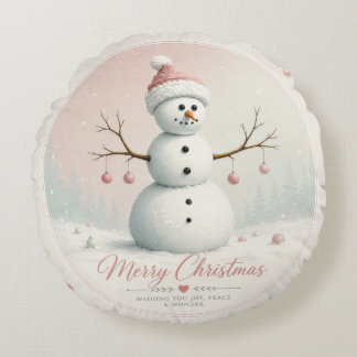 Soft Pastel Pink Snowman Winter Forest Round Pillow
