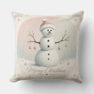Soft Pastel Pink Snowman Winter Forest Throw Pillow