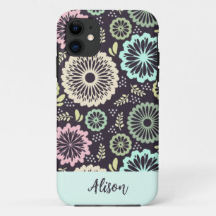 Soft pastel pink teal flower Vintage Floral Name iPhone 11 Case