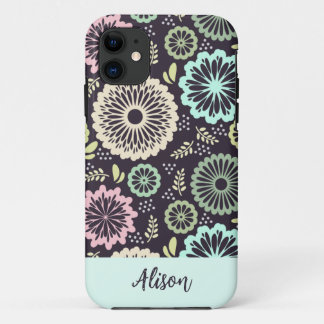 Soft pastel pink teal flower Vintage Floral Name iPhone 11 Case
