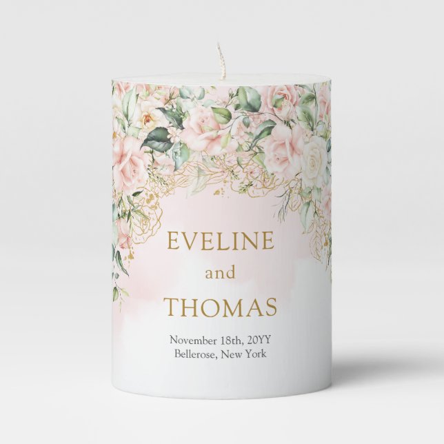 Soft pastel pink watercolor flowers gold wedding pillar candle (Front)