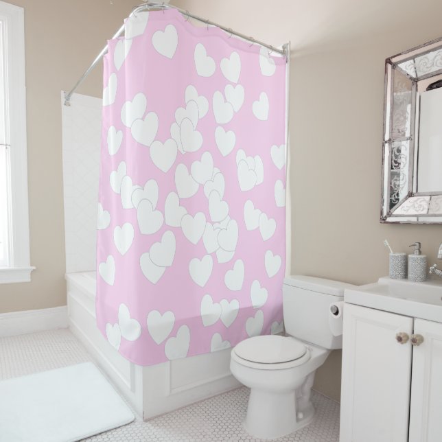 Soft Pastel Pink With Big White Hearts Shower Curtain (In Situ)
