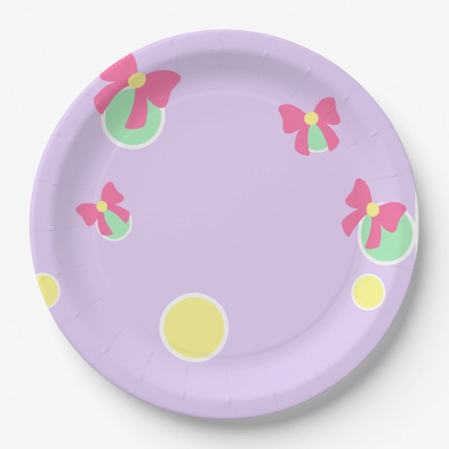 soft pastel polka dots and bows paper plates (Front)