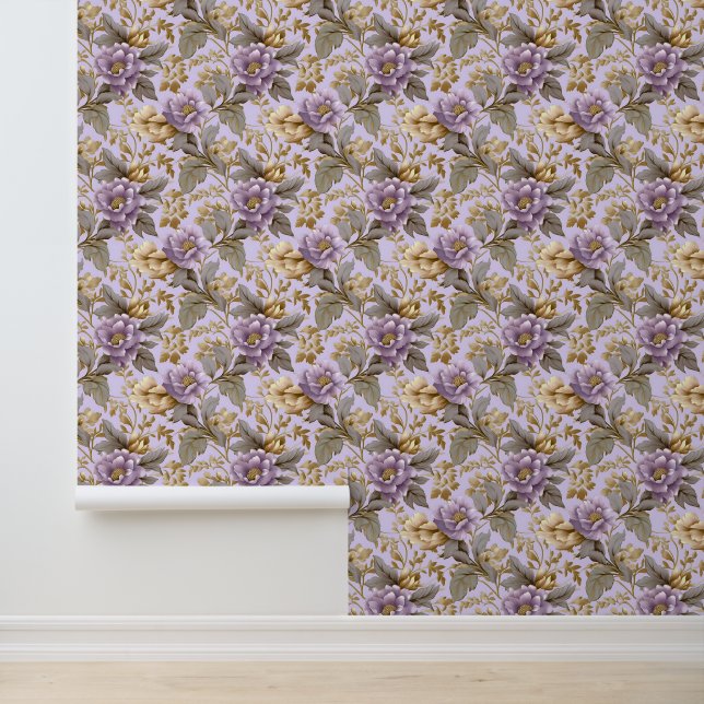 Soft pastel purple and faux gold flowers wallpaper  (Application)