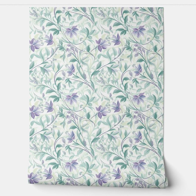 Soft pastel purple and sage green leaves chic wallpaper  (Unrolling)