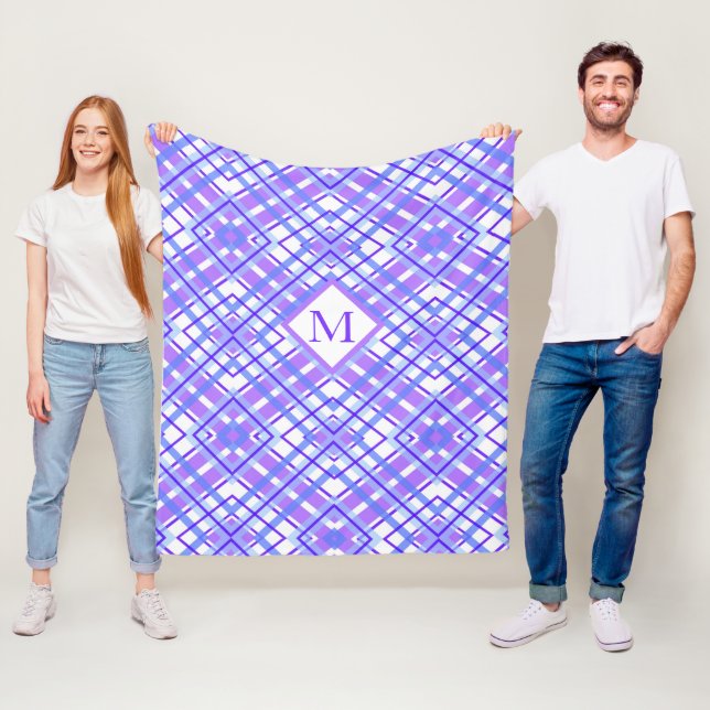 Soft Pastel Purple Blue Plaid Design Monogram Fleece Blanket (In Situ)