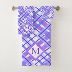 Soft Pastel Purple Blue Plaid Personalize Monogram Bath Towel Set