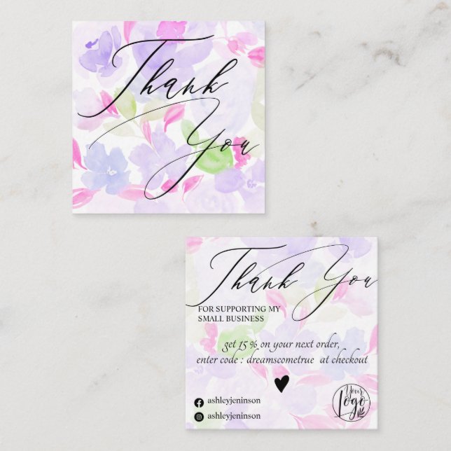 Soft pastel purple floral pattern order thank you square business card (Front/Back)