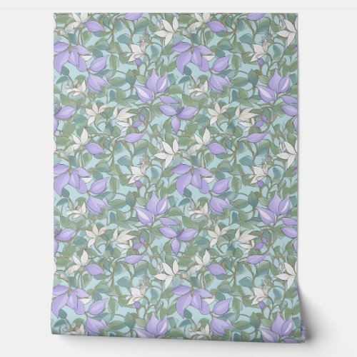 Soft pastel purple flowers and sage green leaves wallpaper 