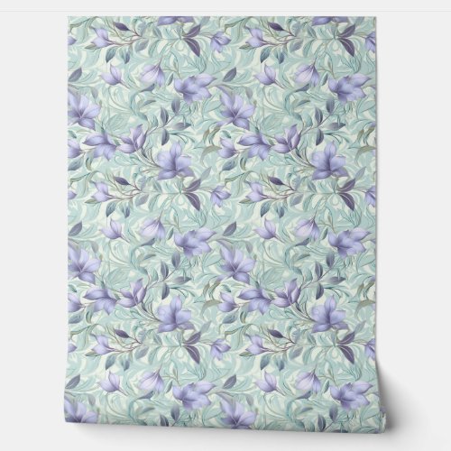 Soft pastel purple flowers and sage green leaves wallpaper 