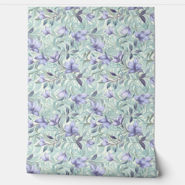 Soft pastel purple flowers and sage green leaves wallpaper  (Unrolling)