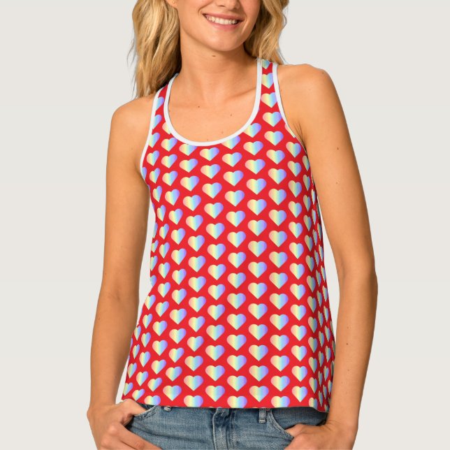 Soft Pastel Rainbow Hearts in Fire Red Tank Top (Front)