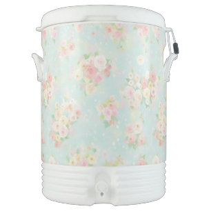 Soft Pastel Rose Pattern on Aqua Background Beverage Cooler
