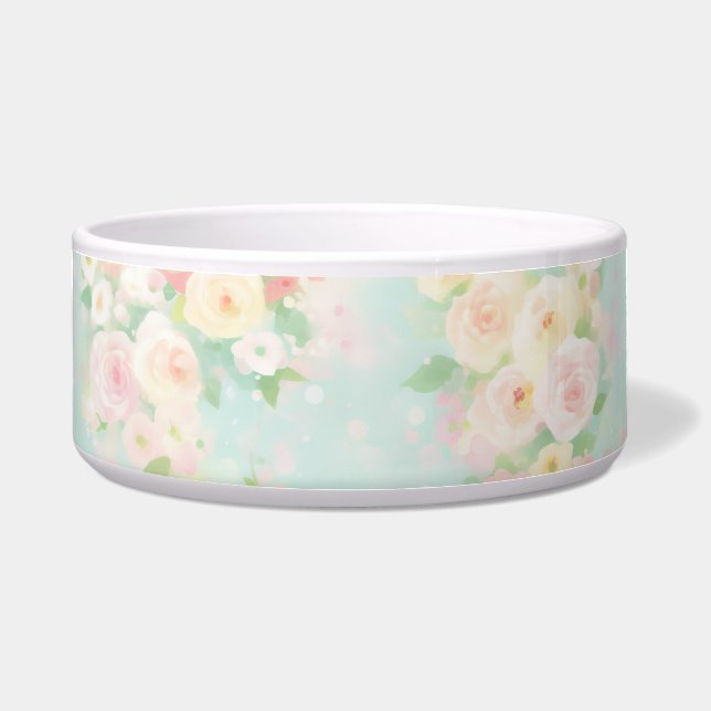 Soft Pastel Rose Pattern on Aqua Background Bowl (Front)