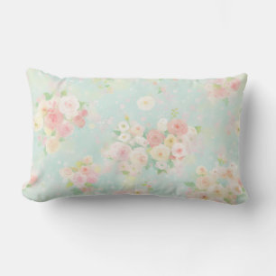 Soft Pastel Rose Pattern on Aqua Background Lumbar Pillow