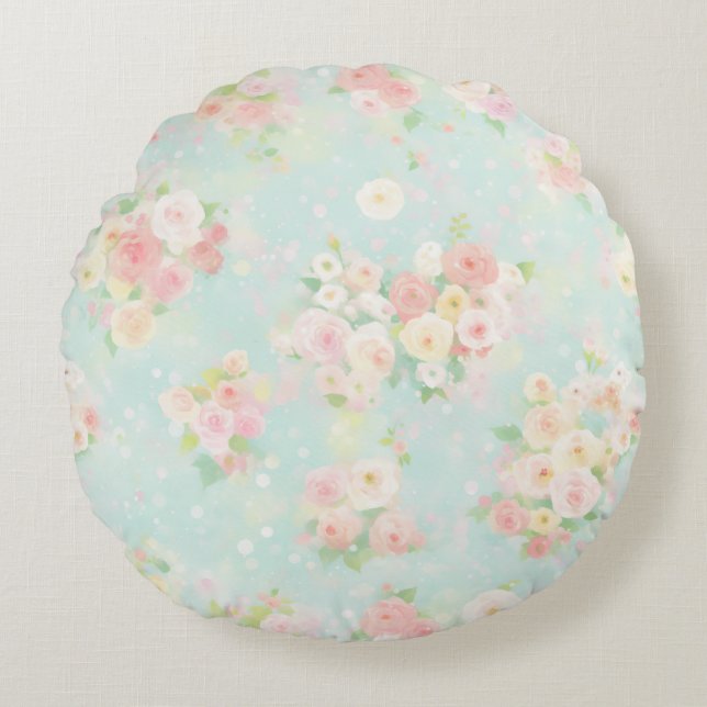 Soft Pastel Rose Pattern on Aqua Background Round Pillow (Front)