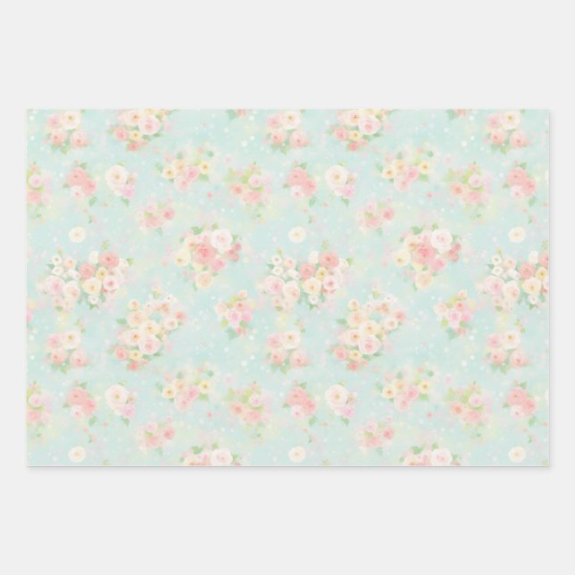 Soft Pastel Rose Pattern on Aqua Background Wrapping Paper Sheets (Front)