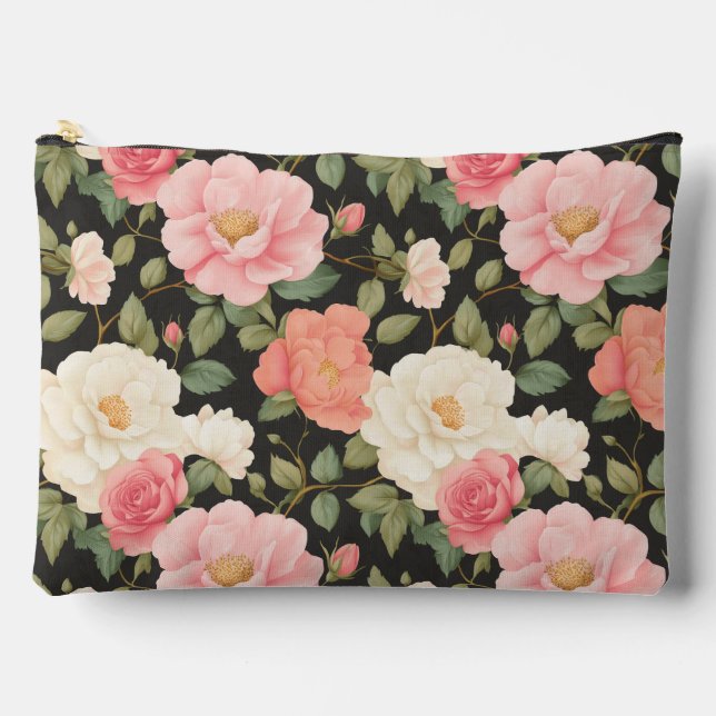 Soft Pastel Roses Deep Green Leaves Accessory Pouch (Front)