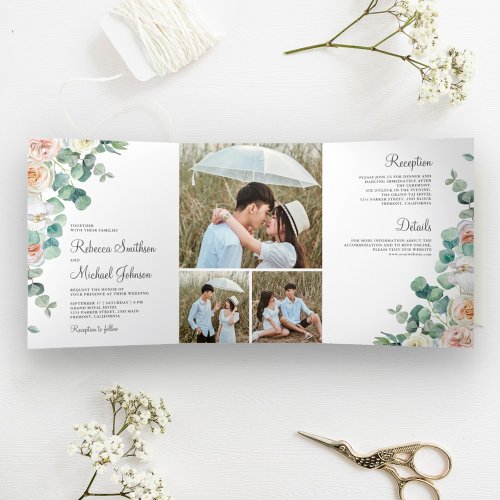 Soft Pastel Roses Eucalyptus Photo Collage Wedding Tri_Fold Invitation