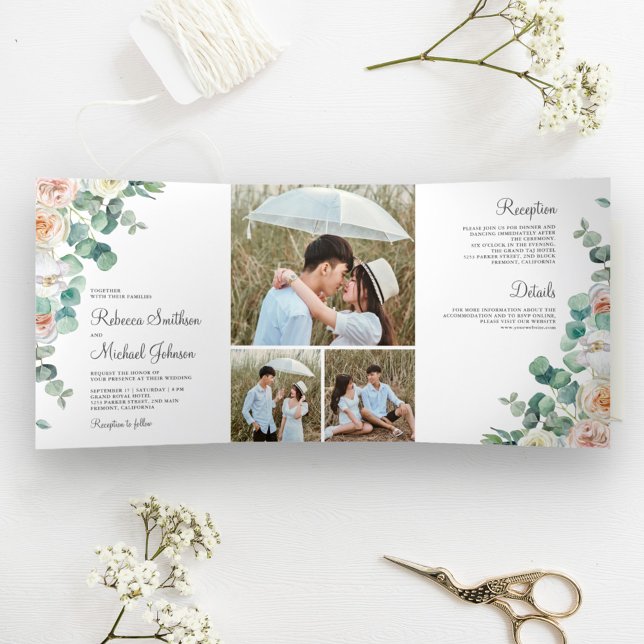 Soft Pastel Roses Eucalyptus Photo Collage Wedding Tri-Fold Invitation (Creator Uploaded)