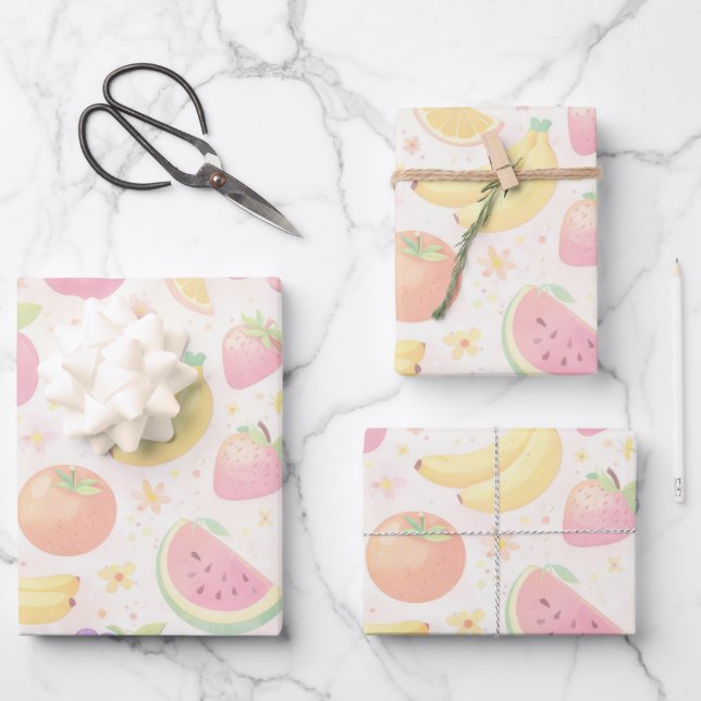 Soft Pastel Seamless Fruit Pattern Wrapping Paper Sheets (Front)