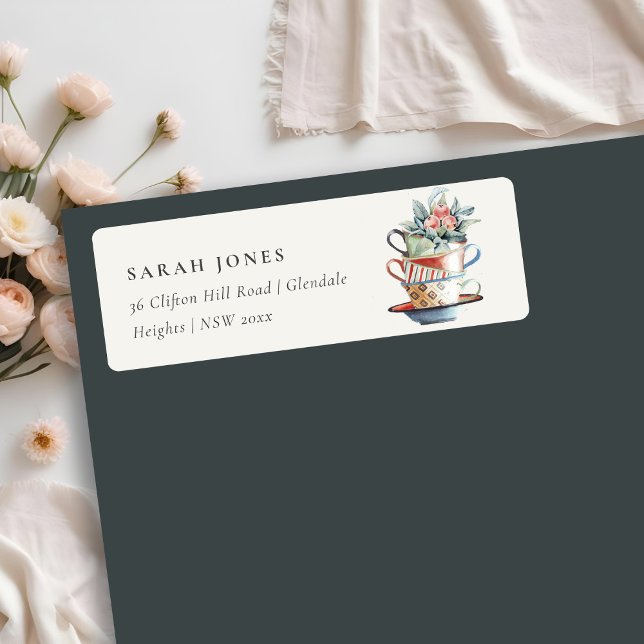 Soft Pastel Stacked Cups Floral Tea Party Address Label (Creator Uploaded)
