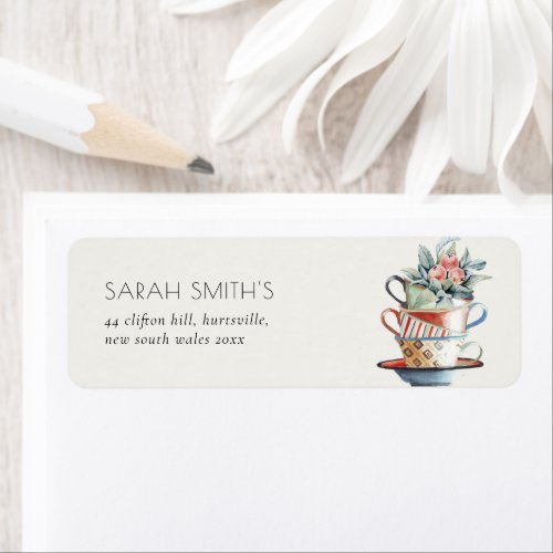 Soft Pastel Stacked Cups Floral Tea Party Address Label