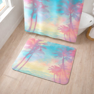 Soft Pastel Tropical Palm Trees Teal Pink Coastal Bath Mat