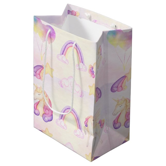 Soft Pastel Unicorns And Rainbows Medium Gift Bag (Front Angled)