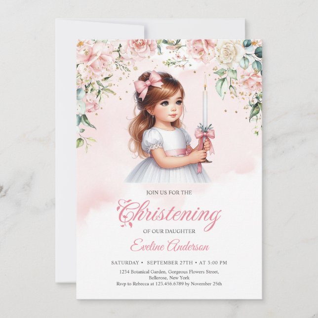 Soft pastel watercolor blush roses wreath gold invitation (Front)