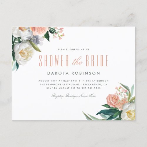Soft Pastel Watercolor Floral Bridal Shower Invitation Postcard