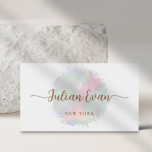 Soft Pastel Watercolor Holographic Script White Business Card