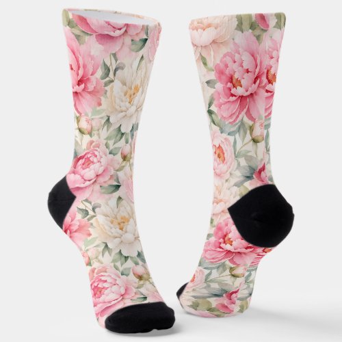Soft Pastel Watercolor Peony Blossoms Socks