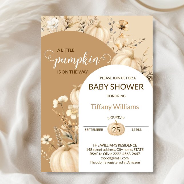 Soft Pastel Watercolor Pumpkin fall wild flowers Invitation (Beige Rustic Pumpkin Baby Shower Invitation | Neutral Fall Floral Autumn Theme)