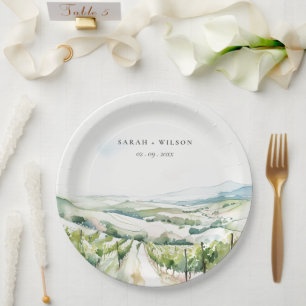 Soft Pastel Watercolor Vineyard Landscape Wedding Paper Plates