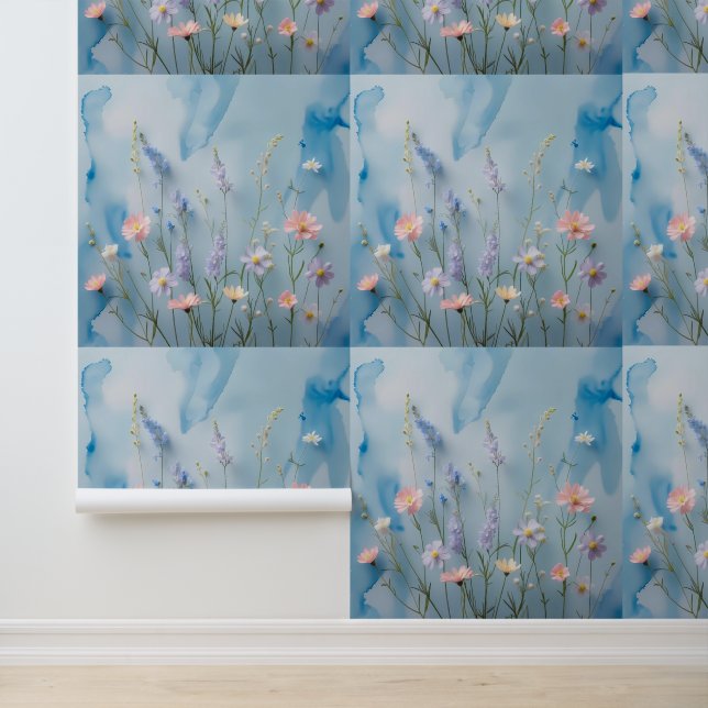 Soft Pastel Wildflower Blue Sky Peel and Stick Wallpaper (Application)