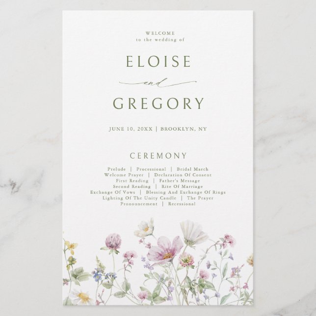 Soft Pastel Wildflower Botanical Wedding Program (Front)