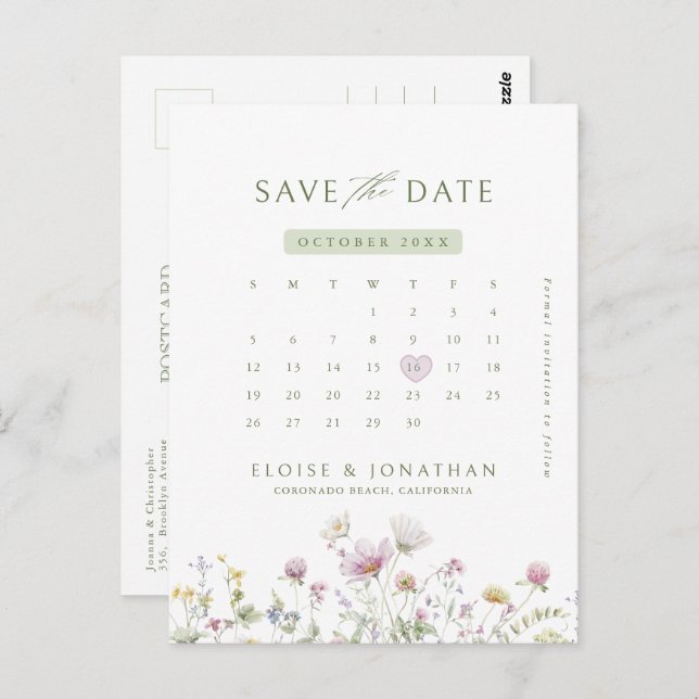 Soft Pastel Wildflower Calendar  Save the Date Postcard (Front/Back)