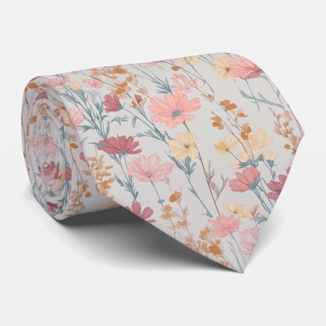 Soft Pastel Wildflower Pattern Neck Tie (Rolled)