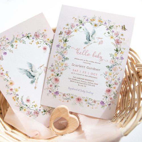 Soft Pastel Wildflower Stork Baby Girl Shower Invitation