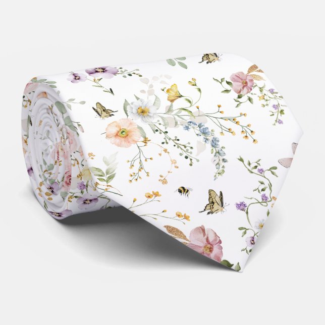 Soft Pastel Wildflowers Spring Meadow Neck Tie (Rolled)