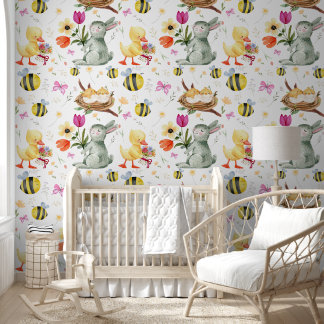 Soft Pastel Woodland Baby Animals Floral Nursery Wallpaper