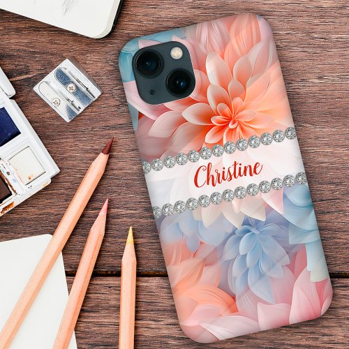 Soft pastels 3D dahlias diamond frame custom iPhone 13 Case