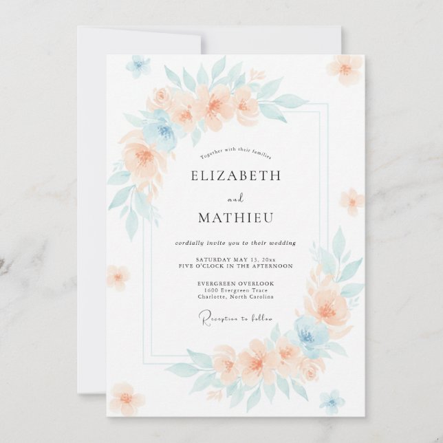 Soft Peach Aqua Peony Wedding Invitation (Front)