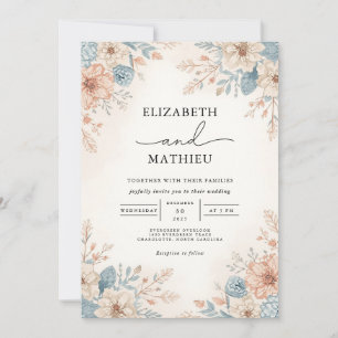 Soft Peach Blue Floral Border Wedding Invitation