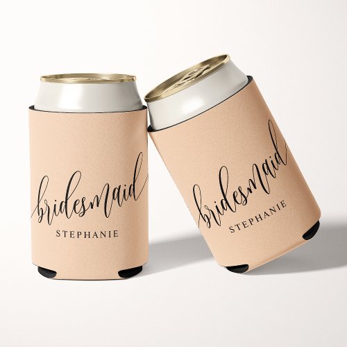 Soft Peach Bridesmaid Modern Script Can Cooler