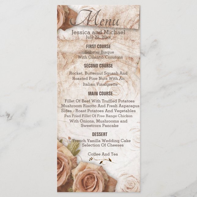 Soft Peach Colored Roses Wedding Menu (Front)