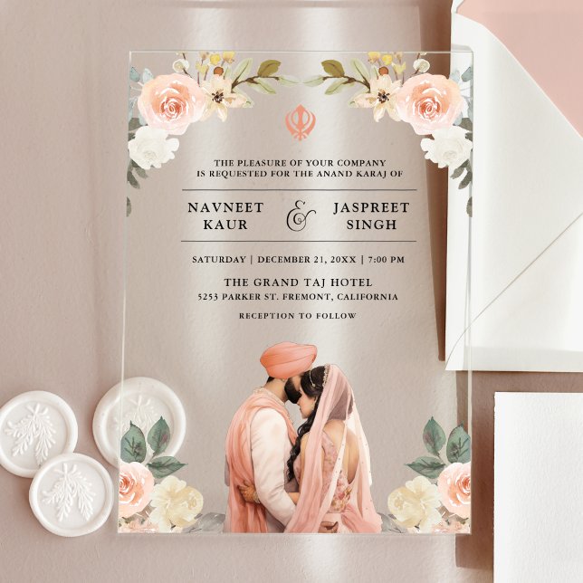Soft Peach Floral Anand Karaj Indian Sikh Wedding Acrylic Invitations (Creator Uploaded)